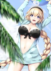 Rule 34 | 1girl, :d, arms up, ball, beachball, bikini, black hairband, blonde hair, blue eyes, blue jacket, blue sky, blurry, blush, braid, breasts, cleavage, cloud, collarbone, commentary request, cowboy shot, day, depth of field, drawstring, enchuu, fate/grand order, fate (series), floating hair, front-tie bikini top, front-tie top, hair between eyes, hair ornament, hairband, highres, holding, holding ball, horizon, jacket, jeanne d&#039;arc (fate), jeanne d&#039;arc (ruler) (fate), jeanne d&#039;arc (swimsuit archer) (fate), jeanne d&#039;arc (swimsuit archer) (first ascension) (fate), large breasts, legs apart, long hair, long sleeves, looking at viewer, navel, ocean, open clothes, open jacket, open mouth, outdoors, single braid, sky, smile, solo, standing, stomach, swimsuit, very long hair