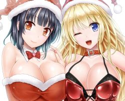 Rule 34 | 10s, 2girls, ;d, atago (kancolle), bare shoulders, black bra, black hair, blonde hair, blue eyes, blunt bangs, blush, body blush, bow, bowtie, bra, breast press, breasts, brown eyes, bustier, choker, christmas, cleavage, collar, collarbone, detached collar, detached sleeves, female focus, fingernails, fur trim, halterneck, hand on shoulder, hat, head tilt, heart, kantai collection, lace, lace-trimmed bra, lace trim, large breasts, lingerie, lips, long fingernails, long hair, looking at viewer, multiple girls, nail polish, one eye closed, open mouth, personification, santa costume, santa hat, shiny clothes, shiny skin, short hair, simple background, smile, strapless, takao (kancolle), underwear, upper body, white background, wink, y2