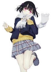 Rule 34 | 1girl, bare legs girl (kamizaki hibana), black coat, black hair, blush, brown cardigan, cardigan, coat, commentary request, crocs, drinking straw, drinking straw in mouth, grey skirt, kamizaki hibana, leg up, long sleeves, looking at viewer, original, plaid, plaid skirt, pleated skirt, puffy long sleeves, puffy sleeves, purple eyes, scarf, simple background, skirt, solo, standing, standing on one leg, twintails, upper body, white background, white scarf