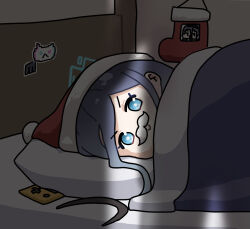 1girl aris_(blue_archive) blue_archive blue_eyes blue_hair christmas_stocking fake_facial_hair fake_mustache fur_trim hair_between_eyes handheld_game_console hat head_on_pillow highres long_hair looking_at_viewer lying on_bed on_side red_hat santa_hat sechi_(sechihyeo) sidelocks smile under_covers