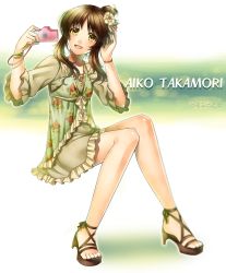 Rule 34 | 10s, 1girl, :d, bracelet, brown eyes, brown hair, camera, dress, hair ornament, high heels, highres, idolmaster, idolmaster cinderella girls, jewelry, necklace, open mouth, open shoes, riko (pixiv415667), shoes, smile, solo, takamori aiko