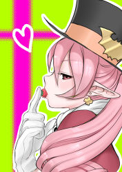 Rule 34 | 1girl, absurdres, black hat, dolce (rune factory), earrings, food, from side, fruit, gloves, hand up, hat, heart, highres, jewelry, long hair, outline, pink eyes, pink hair, pointy ears, puchiman, rune factory, rune factory 4, solo, strawberry, top hat, upper body, white gloves, white outline