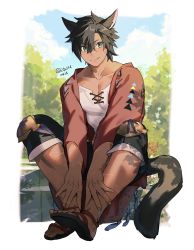 Rule 34 | 1boy, animal ears, arms between legs, warrior of light (ff14), black hair, black shorts, black tail, border, brown jacket, cat boy, cat ears, closed mouth, collarbone, cross scar, dark-skinned male, dark skin, dated, day, facial scar, final fantasy, final fantasy xiv, fringe trim, full body, green eyes, hair between eyes, highres, invisible chair, jacket, knee pads, knees up, leaning forward, light smile, looking at viewer, male focus, miqo&#039;te, mn (zig r14), open clothes, open jacket, outdoors, outside border, pectoral cleavage, pectorals, sandals, scar, scar on cheek, scar on face, scar on leg, shirt, short hair, shorts, sitting, sky, slit pupils, smile, solo, split mouth, toned, toned male, tree, twitter username, v-shaped eyebrows, white border, white shirt