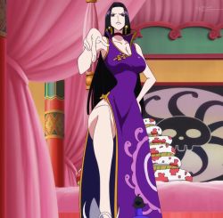 Rule 34 | 1girl, bare arms, bare shoulders, black hair, blue eyes, boa hancock, breasts, cleavage, curvy, dress, large breasts, legs, long dress, long hair, one piece, screencap, thighs
