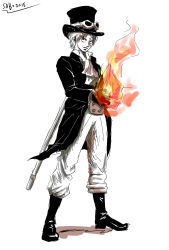 Rule 34 | 1boy, fire, full body, hat, highres, male focus, one piece, sabo (one piece), simple background, solo, standing, top hat