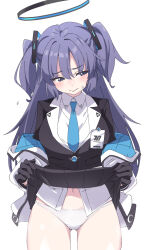Rule 34 | 1girl, black gloves, black skirt, blue archive, blue necktie, blush, embarrassed, gloves, gluteal fold, halo, ixy, lifting own clothes, long hair, long sleeves, looking to the side, navel, necktie, panties, purple eyes, purple hair, shirt, simple background, skirt, solo, two side up, underwear, white background, white panties, white shirt, yuuka (blue archive)