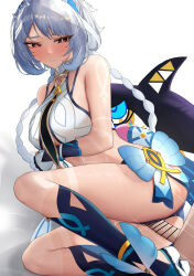 Rule 34 | 1boy, 1girl, alternate breast size, ass, bare shoulders, blue hair, blue socks, blush, body markings, braid, breasts, censored, clenched teeth, commentary request, crop top, fish-shaped pupils, genshin impact, hawaiian clothes, hetero, highres, large breasts, light blue hair, long hair, looking at viewer, low twin braids, mualani (genshin impact), multicolored hair, n9at, penis, pussy, red eyes, sex, sex from behind, shark, simple background, socks, solo, streaked hair, sweat, teeth, thighs, twin braids, vaginal, white background, white hair