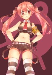 Rule 34 | 1girl, armband, belt, blush, breasts, detached collar, from below, frown, gloves, hands on own hips, highres, long hair, looking at viewer, midriff, momobako, navel, original, red eyes, red hair, rojiko, shorts, solo, striped clothes, striped thighhighs, thighhighs, twintails, vocaloid