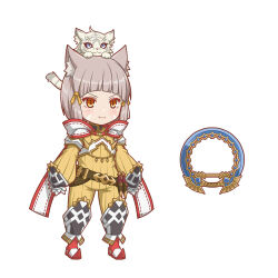 Rule 34 | &gt;:), 1girl, animal, animal ear fluff, animal ears, animal on head, blue eyes, brown eyes, chakram, chibi, closed mouth, commentary request, dromarch (xenoblade), full body, grey hair, jumpsuit, long sleeves, nia (xenoblade), on head, puffy long sleeves, puffy sleeves, red footwear, shoes, simple background, sleeves past wrists, smile, solo, standing, tiger, v-shaped eyebrows, weapon, white background, xenoblade chronicles (series), xenoblade chronicles 2, yellow jumpsuit, yoruusagi