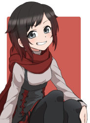Rule 34 | 1girl, black hair, breasts, cape, commentary request, dress, gazacy (dai), highres, looking at viewer, multicolored hair, pantyhose, red hair, ruby rose, rwby, short hair, grey eyes, small breasts, smile, smug, solo
