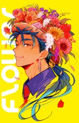 Rule 34 | 1boy, blue hair, cu chulainn (fate), cu chulainn (fate/stay night), earrings, english text, fangs, fate/stay night, fate (series), flower, flower hat, hat, jewelry, large hat, long hair, male focus, necktie, petals, portrait, red eyes, red necktie, simple background, solo, tatsuta age, yellow background