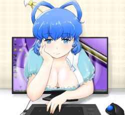 Rule 34 | 1girl, arm support, blue eyes, blue hair, blue sky, breasts, cleavage, downblouse, drawing tablet, fourth wall, graphic tablet, hair ornament, hair rings, hair stick, kaku seiga, large breasts, looking at viewer, matching hair/eyes, monitor, mouse (computer), nishishi, puffy short sleeves, puffy sleeves, short sleeves, sky, smile, solo, through medium, through screen, touhou