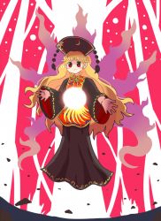 Rule 34 | 1girl, arms up, black dress, black hat, blonde hair, bow, bowtie, closed mouth, commentary request, danmaku, dress, energy, flying, hands up, hat, junko (touhou), kiroguramu, long hair, long sleeves, looking to the side, phoenix crown, pink background, pom pom (clothes), red eyes, red vest, shaded face, smile, solo, spell card, tabard, touhou, vest, wavy hair, white background, wide sleeves, yellow bow, yellow bowtie
