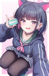 Rule 34 | 1girl, animal ears, black hair, black pantyhose, blue archive, cat ears, coma (light825), food, halo, hand up, highres, holding, holding food, kazusa (blue archive), looking at viewer, macaron, multicolored hair, open mouth, pantyhose, pink eyes, pink hair, simple background, smile, solo, squatting, two-tone hair, white background
