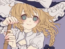 Rule 34 | 1girl, bad id, bad twitter id, blonde hair, blue hat, blue skirt, blush, bow, braid, breasts, closed mouth, fang, fingernails, green eyes, hair bow, hands up, hat, hat bow, holding, kirisame marisa, long hair, looking at viewer, puffy short sleeves, puffy sleeves, purple background, ribbon-trimmed sleeves, ribbon trim, short sleeves, side braid, skirt, small breasts, smile, solo, sora (soramame), touhou, unfinished, white bow, witch hat, wrist cuffs