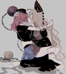 Rule 34 | 2girls, ayahi 4, black dress, black shirt, blonde hair, blush, chain, chinese clothes, closed eyes, commentary request, crescent, dress, hecatia lapislazuli, highres, holding another&#039;s hair, imminent kiss, junko (touhou), long hair, looking down, moon (ornament), multicolored clothes, multicolored skirt, multiple girls, off-shoulder shirt, off shoulder, phoenix crown, pom pom (clothes), red eyes, red hair, shirt, simple background, sitting, sitting on lap, sitting on person, skirt, t-shirt, tabard, touhou, underworld (ornament), very long hair, wide sleeves, yuri