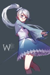 Rule 34 | 1girl, ahivemind, blue eyes, capelet, character name, cropped legs, from below, grey background, highres, long hair, myrtenaster, ponytail, rwby, solo, weiss schnee, white background, wide sleeves