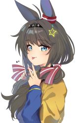 Rule 34 | 1girl, ahoge, animal ears, blue eyes, blush, brown hair, commentary request, from side, grace (kor) (racehorse), hair ornament, hair ribbon, hairband, highres, horse ears, horse girl, inapple, korean commentary, long hair, long sleeves, looking at viewer, original, ribbon, simple background, solo, star (symbol), star hair ornament, tongue, tongue out, umamusume, upper body, white background