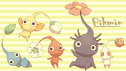 Rule 34 | black eyes, blue pikmin, bud, copyright name, flower, leaf, looking at viewer, lounging, lowres, lying, mugita konomi, nintendo, no humans, on side, pikmin (creature), pikmin (series), pink flower, pointy ears, pointy nose, purple hair, purple pikmin, red eyes, red pikmin, short hair, sitting, solid circle eyes, striped, striped background, triangle mouth, very short hair, waving, white background, white flower, white pikmin, yellow background, yellow pikmin
