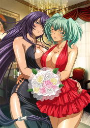 Rule 34 | 2girls, bouquet, breasts, cleavage, flower, formal, green eyes, green hair, hair over one eye, ikkitousen, ikkitousen great guardians, kan&#039;u unchou, large breasts, long hair, multiple girls, official art, one eye closed, purple hair, ryofu housen, twintails, very long hair