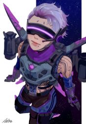 Rule 34 | 1girl, air orchid valkyrie, apex legends, arc4na, arm tattoo, armor, artist name, black pants, elbow gloves, gloves, hair slicked back, headset, jetpack, mouth piercing, official alternate costume, pants, purple gloves, purple hair, purple scarf, scarf, short hair, signature, solo, space, tattoo, thigh strap, valkyrie (apex legends)