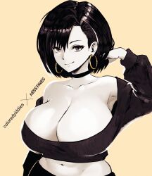 Rule 34 | 1girl, black hair, breasts, cleavage, earrings, highres, jewelry, large breasts, looking at viewer, midriff, miss faves, navel, original, short hair, smile, solo, upper body