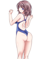 Rule 34 | 1girl, ass, back, backless swimsuit, blue eyes, blue one-piece swimsuit, brown hair, closed mouth, commentary, from behind, kikuchi tsutomu, kneepits, looking at viewer, looking back, love live!, love live! sunshine!!, medium hair, one-piece swimsuit, school swimsuit, simple background, smile, solo, standing, swimsuit, watanabe you, white background