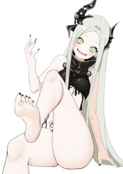 1girl asymmetrical_horns barefoot black_horns black_liquid black_nails black_toenails breasts fangs feet foguma forehead goddess_of_victory:_nikke green_eyes grey_hair highres horns leviathan_(nikke) liquid_clothes looking_at_viewer open_mouth pointy_ears sharp_teeth sharp_toenails simple_background small_breasts smile soles teeth toenails white_background