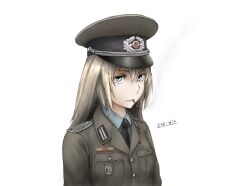Rule 34 | 1girl, artist name, badge, black hat, black necktie, cigarette, cold war, collar tabs, collared shirt, commentary, communism, epaulettes, german commentary, grey hat, grey jacket, hair between eyes, hat, hat ornament, highres, insignia, jacket, long hair, looking up, military, military jacket, military uniform, mouth hold, multicolored clothes, multicolored hat, nationale volksarmee, necktie, nva uniform, original, peaked cap, pocket, sanpaku, shirt, simple background, smoke, smoking, soldier, solo, two-tone headwear, uniform, upper body, white background, white hair, white shirt, yellow eyes, zap-nik
