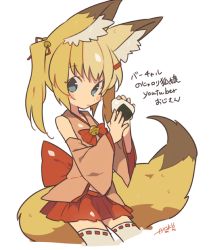 Rule 34 | 1girl, animal ear fluff, animal ears, auko, bare shoulders, bell, blonde hair, blue eyes, blush, bow, cowboy shot, cropped legs, detached sleeves, food, fox ears, fox tail, hair bell, hair ornament, hair ribbon, hairclip, jingle bell, kemomimi oukoku kokuei housou, long sleeves, mikoko (kemomimi oukoku kokuei housou), miniskirt, onigiri, pink shirt, pleated skirt, red bow, red ribbon, red skirt, ribbon, ribbon-trimmed legwear, ribbon trim, shirt, simple background, skirt, solo, tail, thighhighs, thighs, twintails, virtual youtuber, white background, white thighhighs, zettai ryouiki