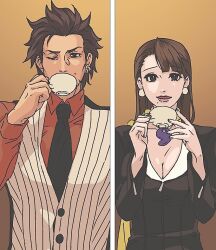 Rule 34 | 1boy, 1girl, ace attorney, black jacket, black necktie, breasts, brown eyes, brown hair, buttons, cleavage, collared shirt, cup, diego armando, earrings, facial hair, formal, holding, holding cup, jacket, jewelry, large breasts, lcageki, long hair, long sleeves, magatama, mia fey, mole, mole under mouth, necklace, necktie, one eye closed, open mouth, phoenix wright: ace attorney - trials and tribulations, red shirt, scarf, shirt, short hair, smile, suit, upper body, vest, white vest, yellow scarf