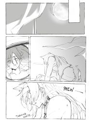Rule 34 | 2girls, all fours, animal ears, arknights, bagpipe (arknights), bare shoulders, clenched teeth, collarbone, comic, english text, extra ears, full moon, glk sier, greyscale, hairband, heavy breathing, highres, horn (arknights), jewelry, long hair, lying, monochrome, moon, multiple girls, necklace, on back, parted lips, reflection, shorts, sweatdrop, tail, tank top, teeth, wolf ears, wolf girl, wolf tail, yuri