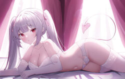 Rule 34 | 1girl, absurdres, backlighting, bra, breasts, cleavage, commentary, curtains, demon girl, demon tail, elbow gloves, gloves, grey hair, hair ribbon, highres, indoors, long hair, looking at viewer, lying, medium breasts, navel, on bed, on side, original, panties, parted lips, pink ribbon, red eyes, ribbon, shadow, tail, thighhighs, twintails, underwear, underwear only, usagi (786113654), white bra, white gloves, white panties, white thighhighs, window