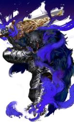 Rule 34 | 1boy, absurdres, armor, blaidd the half-wolf, blue cape, cape, elden ring, fur cape, furry, furry male, gauntlets, greatsword, greaves, highres, holding, holding sword, holding weapon, huge weapon, looking at viewer, male focus, over shoulder, plate armor, sgkg108, solo, squatting, sword, weapon, weapon over shoulder, white background, wolf boy