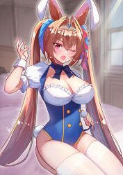 Rule 34 | 1girl, :o, animal ears, banhuaaidie, bed, blue bow, blue bowtie, blue collar, blue leotard, blurry, blurry background, blush, bowtie, breasts, brown hair, buttons, cleavage, collar, cowboy shot, daiwa scarlet (umamusume), dated, detached collar, eyelashes, fake animal ears, fang, frilled leotard, frills, garter straps, gold trim, hair between eyes, hair intakes, hair ornament, hand up, horse ears, indoors, large breasts, legs together, leotard, long hair, looking at viewer, nail polish, on bed, one eye closed, open mouth, playboy bunny, puffy short sleeves, puffy sleeves, rabbit ears, rabbit tail, red eyes, red nails, short sleeves, sitting, skin fang, skindentation, straight hair, strap lift, thighhighs, tiara, twintails, umamusume, v-shaped eyebrows, very long hair, white sleeves, white thighhighs, white wrist cuffs, window, wrist cuffs