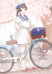 Rule 34 | 1girl, aaoi, bicycle, bicycle basket, black hair, blue sailor collar, brown eyes, cherry blossoms, cherry tree, dress, dutch angle, full body, hat, hiburi (kancolle), highres, kantai collection, low ponytail, petals, sailor collar, sailor dress, sailor hat, short hair, short ponytail, short sleeves, smile, solo, white dress, white hat