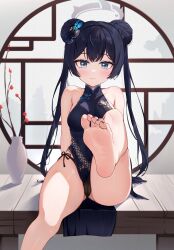 Rule 34 | 1girl, absurdres, bare legs, bare shoulders, barefoot, black dress, black hair, black panties, blue archive, breasts, butterfly hair ornament, china dress, chinese clothes, closed mouth, double bun, dragon print, dress, feet, grey eyes, hair bun, hair ornament, halo, highres, kisaki (blue archive), leg up, legs, light blush, long hair, looking at viewer, medium breasts, panties, pantyshot, pelvic curtain, presenting foot, print dress, radoremo, short dress, side-tie panties, sitting, sleeveless, sleeveless dress, soles, solo, toenails, toes, twintails, underwear