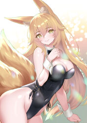 Rule 34 | 1girl, absurdres, animal ears, bare shoulders, black bow, black bowtie, black leotard, blonde hair, borrowed character, bow, bowtie, breasts, cleavage, commentary, commission, covered navel, detached collar, fox ears, fox girl, fox tail, hair between eyes, highleg, highleg leotard, highres, large breasts, leotard, long hair, multiple tails, original, playboy bunny, skeb commission, snow-yuuki, solo, strapless, strapless leotard, tail, thighs, traditional bowtie, wrist cuffs, yellow eyes