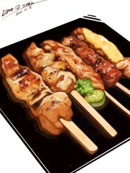 Rule 34 | chicken (food), commentary, dated, english commentary, food, food focus, highres, meat, no humans, original, plate, realistic, signature, simple background, skewer, still life, white background, yakitori, zeroorez