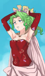 Rule 34 | 1girl, armpits, arms up, bare shoulders, blue eyes, blush, breasts, cape, cleavage, covered navel, day, detached sleeves, dress, eyebrows, final fantasy, final fantasy vi, fingernails, green hair, hair intakes, hair ornament, hamushima, high ponytail, long hair, long sleeves, parted lips, red dress, sleeves past wrists, small breasts, solo, strapless, strapless dress, sweat, tina branford, tying hair, wavy hair, white cape