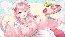 Rule 34 | 1girl, :3, :d, animal ear fluff, animal ears, apron, bow, braid, breasts, cat ears, cat o-ring, cat tail, cherry blossoms, commission, cup, drink, drinking glass, e (eokiba), floral print, food, frilled apron, frills, hair bow, highres, holding, holding tray, ice cream, indie virtual youtuber, izumiya konomi, japanese clothes, kimono, large breasts, maid, maid apron, maid headdress, matcha parfait, medium breasts, open mouth, parfait, pinching sleeves, pink bow, pink eyes, pink hair, pink kimono, skeb commission, smile, solo, spoon, tail, tray, twin braids, virtual youtuber, wa maid, wagashi, white apron, wide sleeves