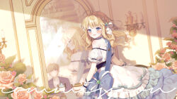 Rule 34 | 1boy, 1girl, :d, black jacket, blonde hair, blue eyes, blush, brown flower, brown rose, candle, commission, dress, flower, frilled dress, frills, highres, indoors, jacket, long hair, looking at viewer, looking back, mirror, moffle (ayabi), off-shoulder dress, off shoulder, open mouth, original, pink flower, puffy short sleeves, puffy sleeves, reflection, rose, shirt, short sleeves, smile, solo focus, white dress, white shirt