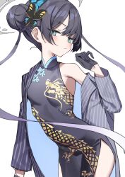 Rule 34 | 1girl, absurdres, black gloves, black hair, blue archive, breasts, butterfly hair ornament, china dress, chinese clothes, double bun, dragon print, dress, gloves, green eyes, grey jacket, hair bun, hair ornament, haruyuki (gffewuoutgblubh), highres, jacket, kisaki (blue archive), long hair, looking at viewer, simple background, sleeveless, sleeveless dress, small breasts, solo, striped clothes, striped jacket, thighs, twintails, vertical-striped clothes, vertical-striped jacket, white background