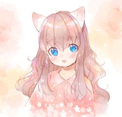 Rule 34 | 1girl, animal ears, blue eyes, blush, cat ears, collared shirt, commentary request, highres, light brown hair, long hair, mutou mato, open mouth, original, pink shirt, shirt, sketch, smile, solo, upper body, wavy hair