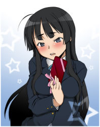 Rule 34 | 1girl, akiyama mio, blush, gift, hakkyou daioujou, holding, holding gift, incoming gift, k-on!, school uniform, solo