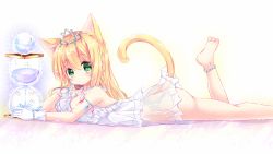 Rule 34 | 1girl, animal ear fluff, animal ears, ass, bare shoulders, barefoot, blonde hair, blush, braid, breasts, cat ears, cat girl, cat tail, closed mouth, commentary request, dress, feet out of frame, gloves, green eyes, hair between eyes, hourglass, large breasts, leg up, long hair, looking at viewer, lying, no panties, on stomach, original, pearl anklet, see-through, shikito (yawa0w0), side braid, single braid, sleeveless, sleeveless dress, soles, solo, tail, tail raised, tiara, white dress, white gloves