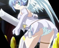 Rule 34 | 1girl, angry, blue hair, dress, green eyes, highres, nanael (queen&#039;s blade), panties, pantyshot, queen&#039;s blade, short hair, solo, stitched, sword, third-party edit, underwear, upskirt, weapon, white dress
