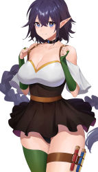 Rule 34 | 1girl, absurdres, bare shoulders, black choker, black panties, black skirt, blue eyes, blue hair, braid, braided ponytail, breasts, bridal gauntlets, choker, cleavage, closed mouth, collarbone, commentary, detached sleeves, gloves, green gloves, green thighhighs, hair between eyes, hands up, high-waist skirt, highres, large breasts, lifted by self, long hair, looking at viewer, miniskirt, original, panties, rororo, shirt, simple background, single braid, single thighhigh, skirt, smile, solo, standing, strap lift, symbol-only commentary, thigh strap, thighhighs, thighs, underwear, very long hair, vial, white background, white shirt