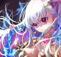 Rule 34 | 1girl, armor, aura, bikini armor, breasts, cleavage, closed mouth, collar, earrings, fate/grand order, fate (series), flower, galibo, hair ribbon, hand in own hair, jewelry, kama (fate), kama (third ascension) (fate), large breasts, long hair, lotus, metal collar, red eyes, ribbon, shaded face, silver hair, space, star (sky)