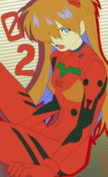 Rule 34 | 1girl, absurdres, blue eyes, bodysuit, breasts, hair ornament, highres, long hair, looking at viewer, neon genesis evangelion, numbered, open mouth, plugsuit, red bodysuit, shinjiisdead, simple background, sitting, solo, souryuu asuka langley, tsundere, two side up, very long hair, wide hips